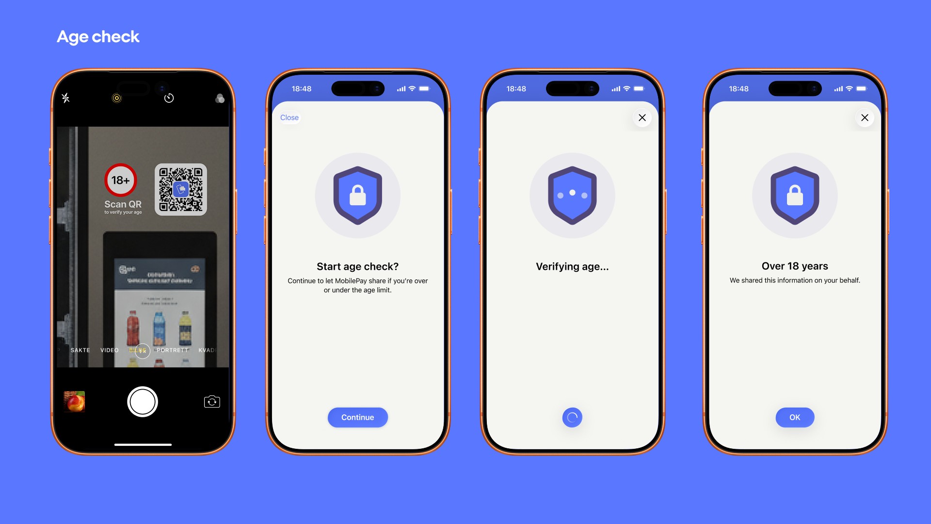 Customer scans QR, starts age check, verification in progress, and confirmed over 18