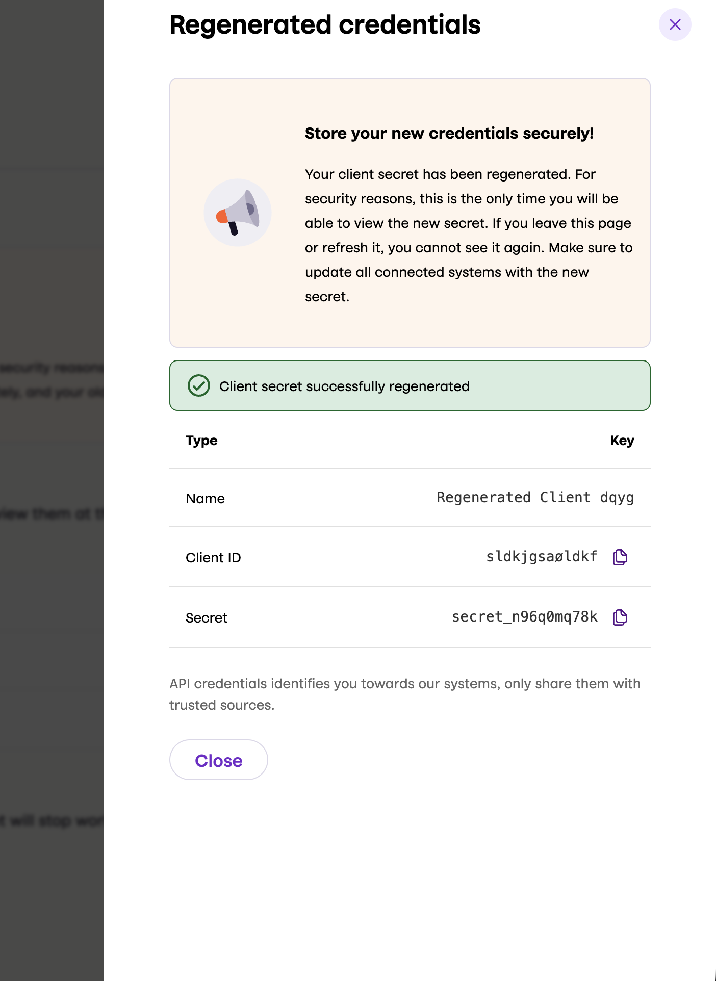Regenerated secrets are displayed