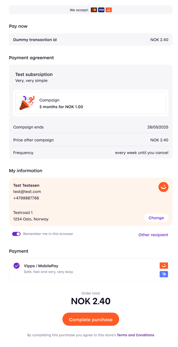 Vipps Checkout subscription example