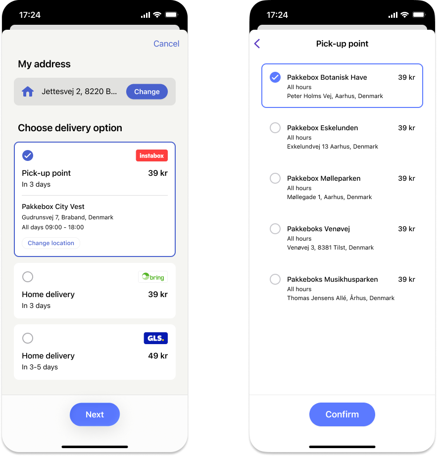 MobilePay app showing Express shipping options selection