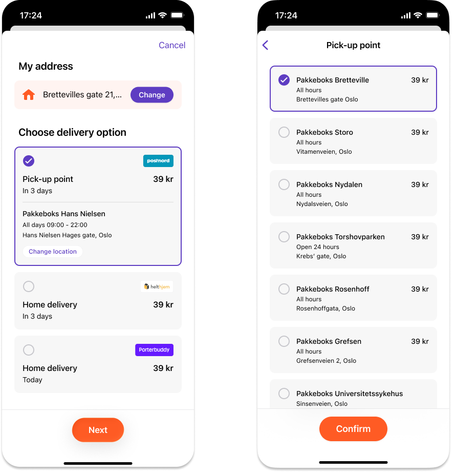 Vipps app showing Express shipping options selection