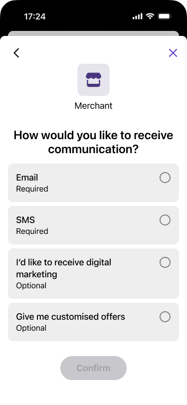 User sees Vipps marketing consents in the browser