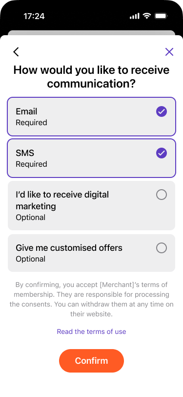 User sees confirmation of marketing consents with Vipps colors
