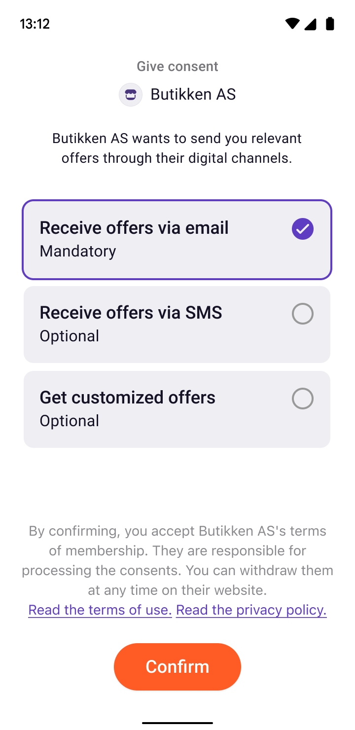 User confirm marketing consents in the app