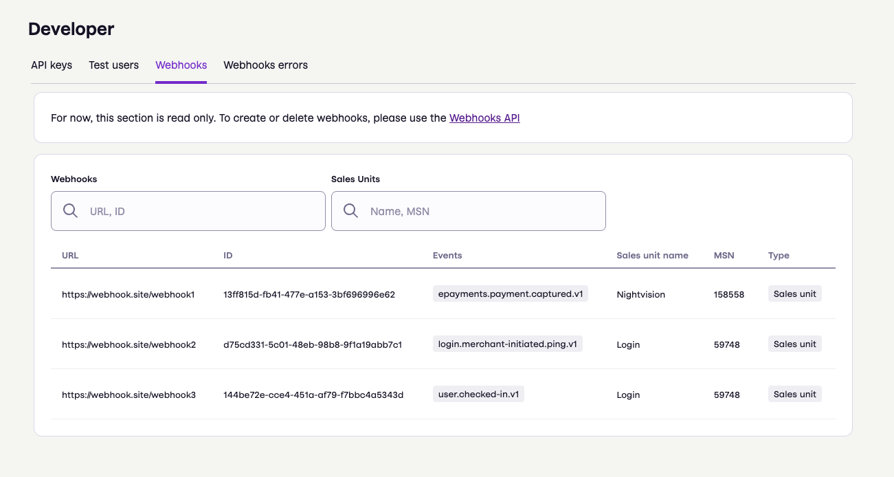 Business portal Webhooks