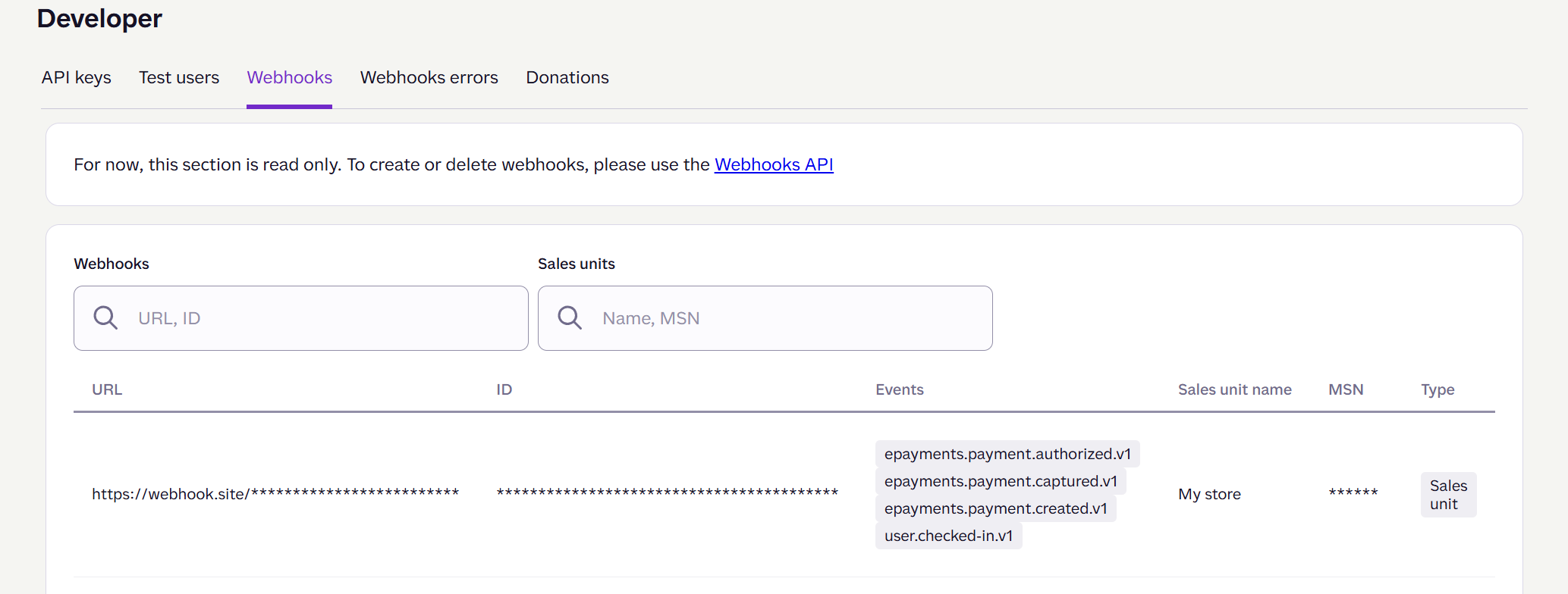 Developer tab showing registered webhooks for all sales units