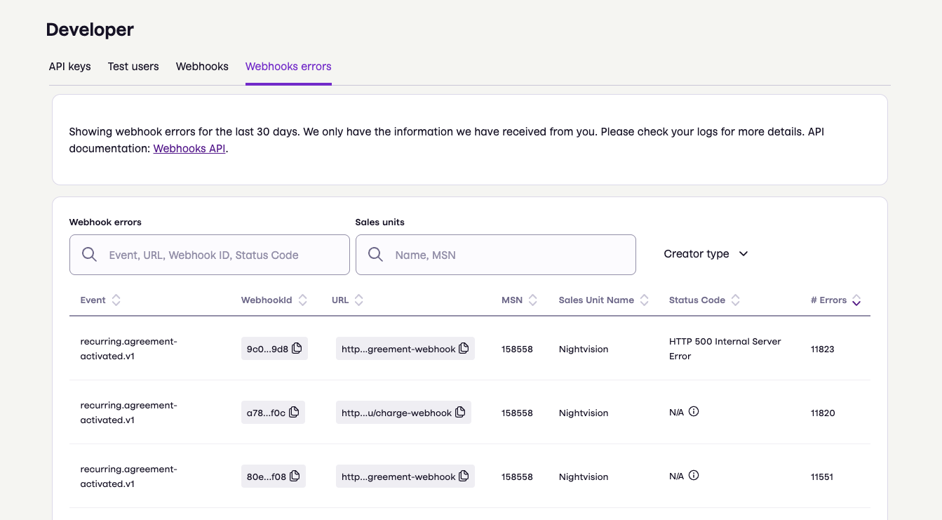 Business portal Webhooks errors