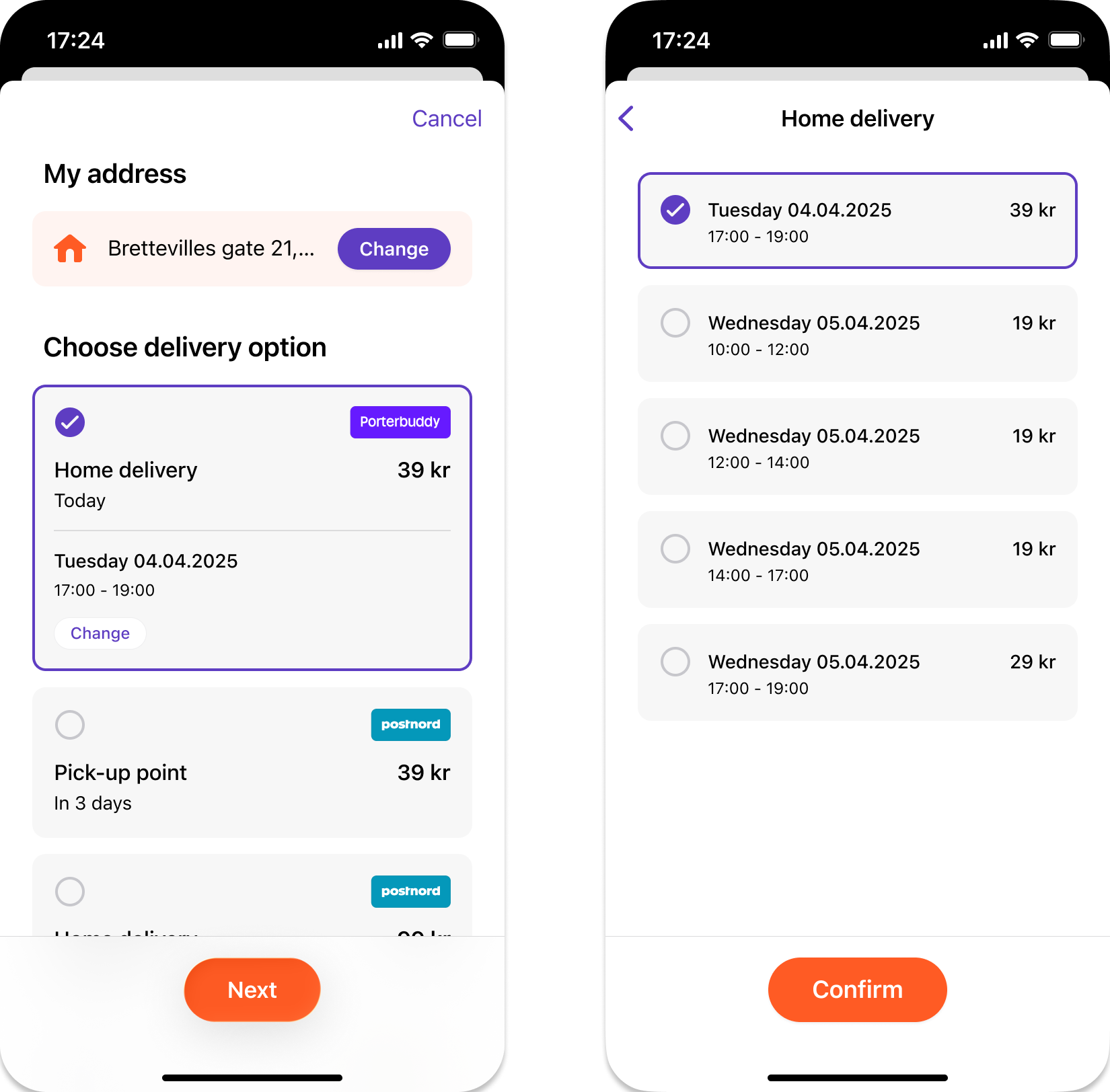 Porterbuddy time slot shipping options in Vipps Express