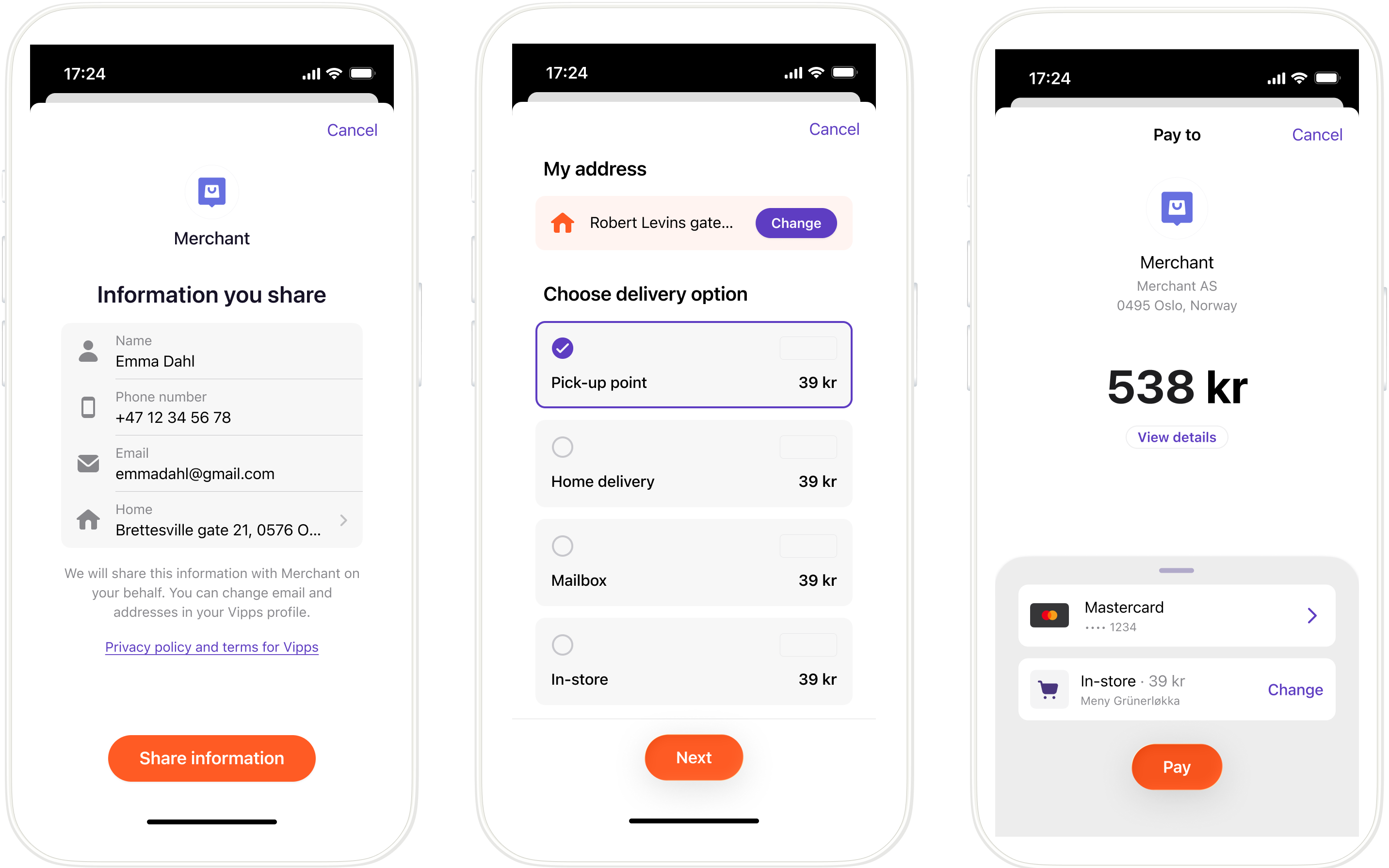 Express flow where the user selects a shipping method in Vipps