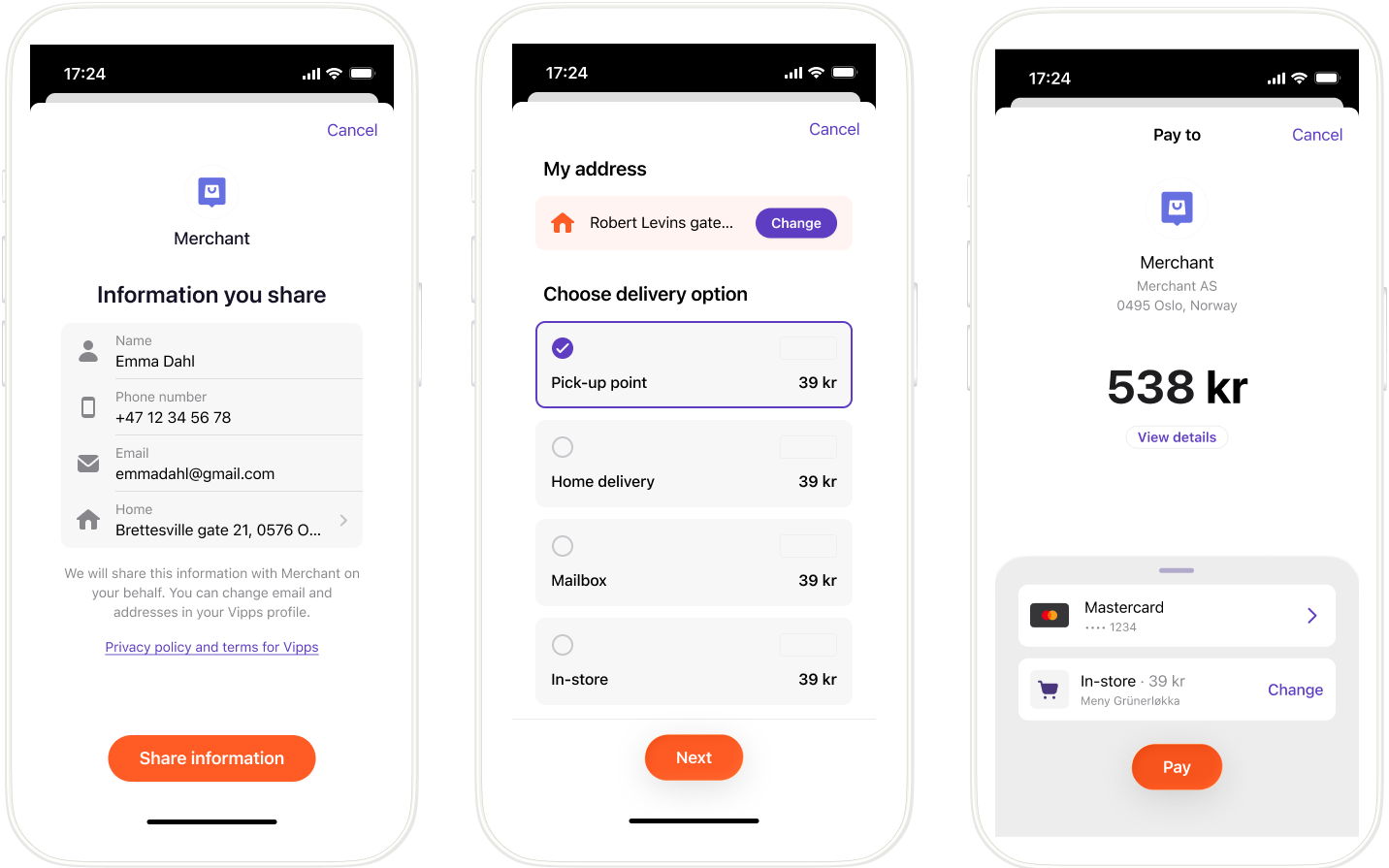 Express flow where the user selects a shipping method in Vipps