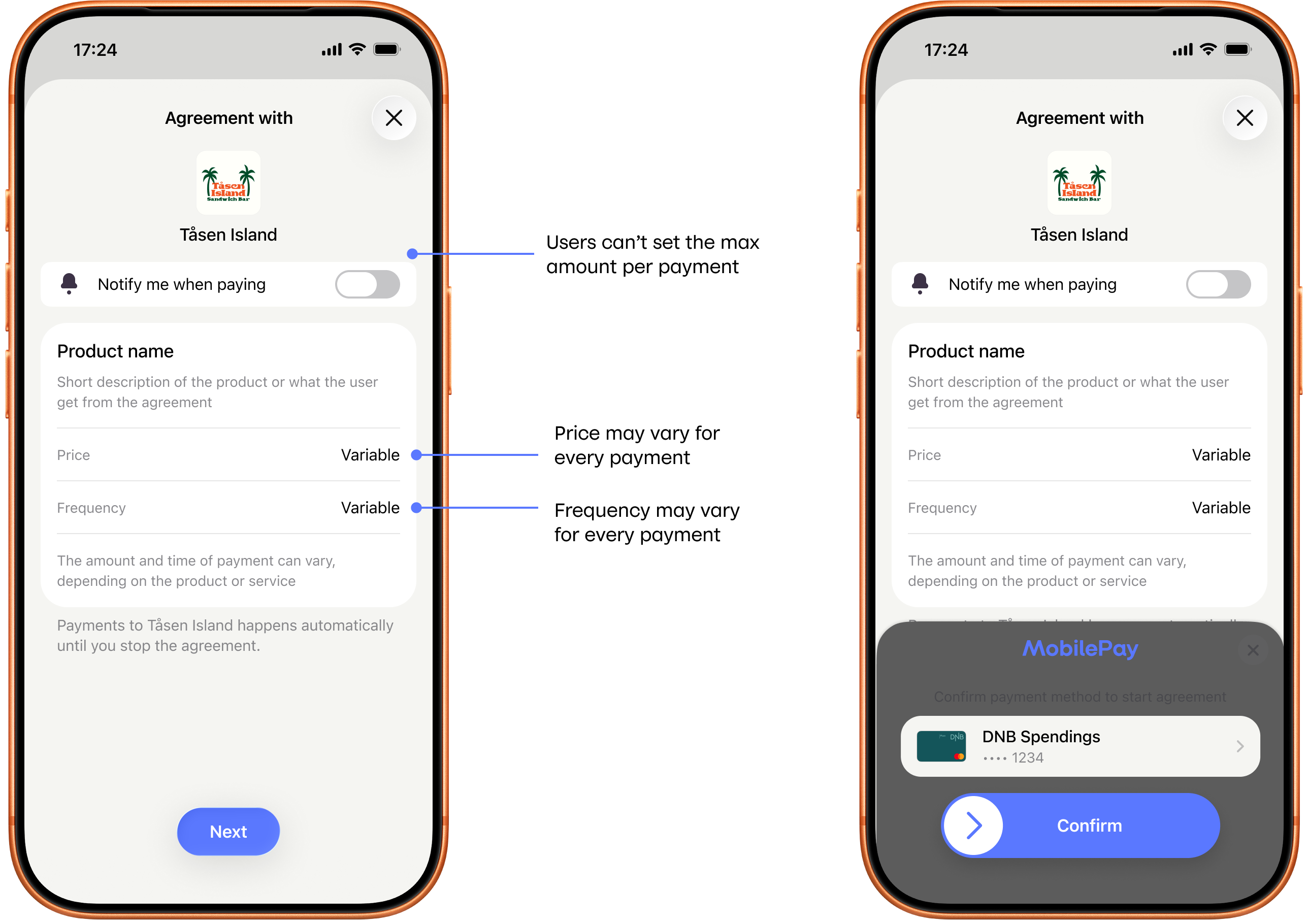 MobilePay flexible price agreements