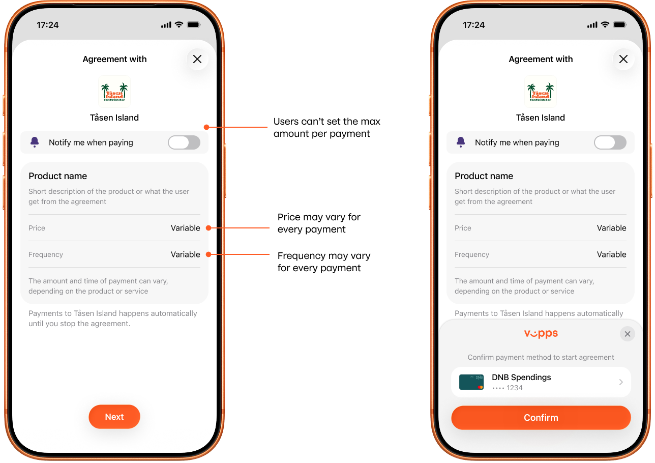 Flexible price payment agreements in Vipps