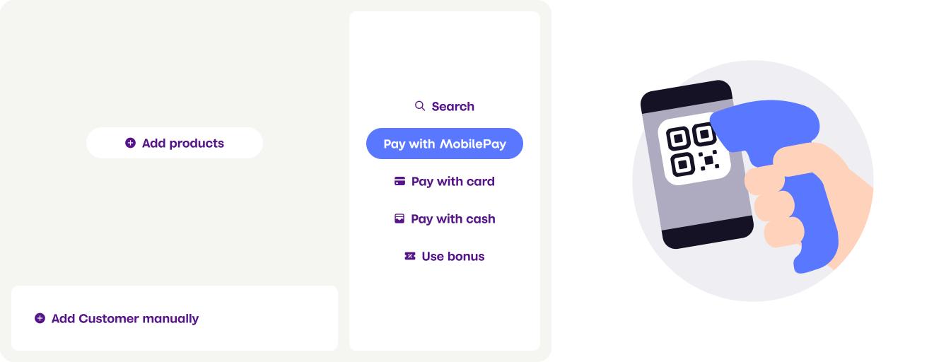 Hand-held scanner scanning MobilePay personal QR code with Pay with MobilePay in POS