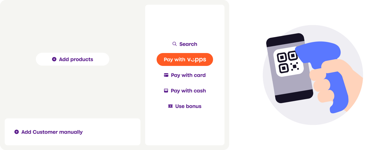 Hand-held scanner scanning Vipps personal QR code with Pay with Vipps in POS