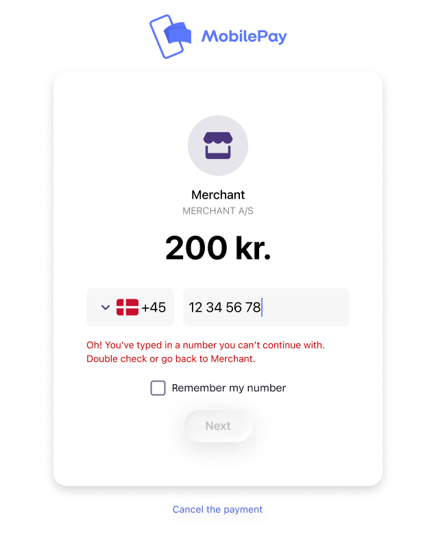 MobilePay landing page showing a generic error when user does not meet age requirements