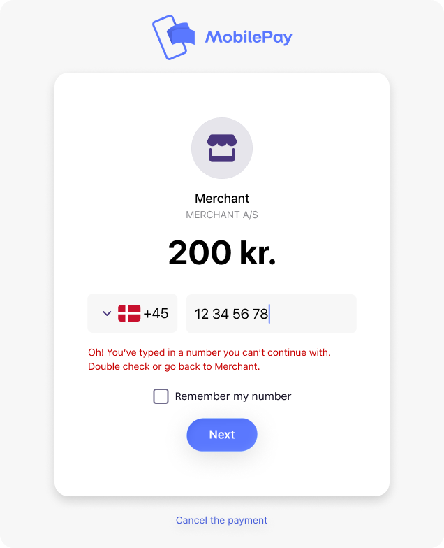 MobilePay landing page showing error when user has no active account