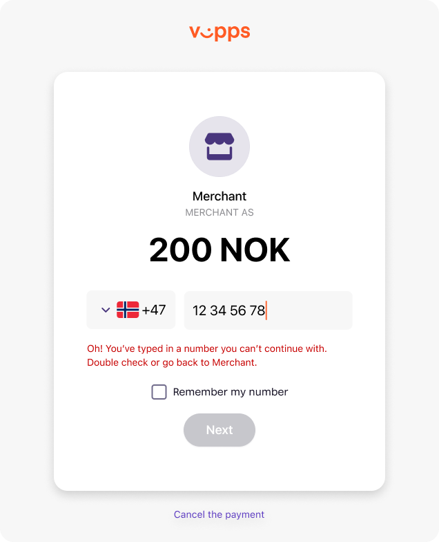 Vipps landing page showing error when user has no active account