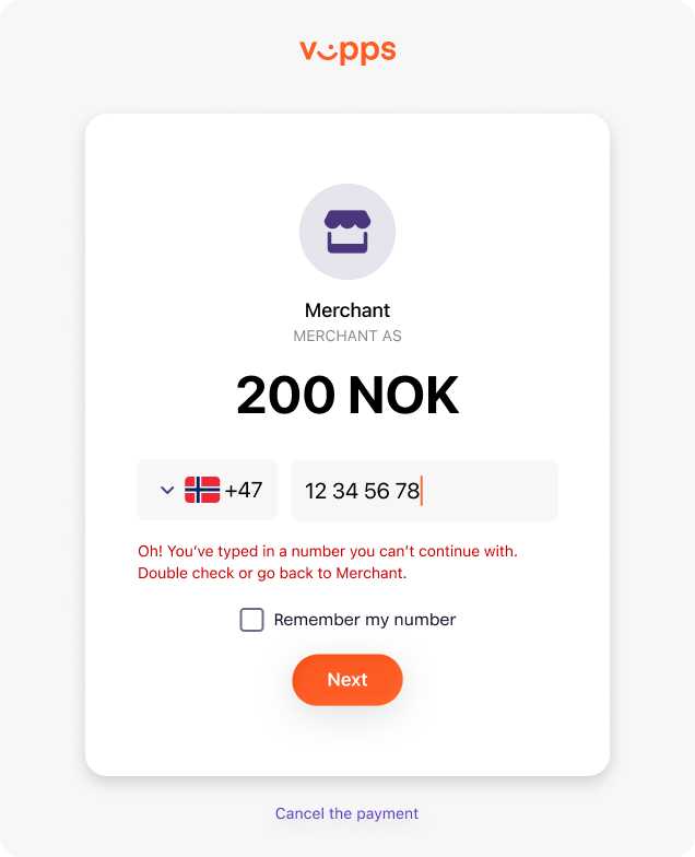 Vipps landing page showing error when user has no active account