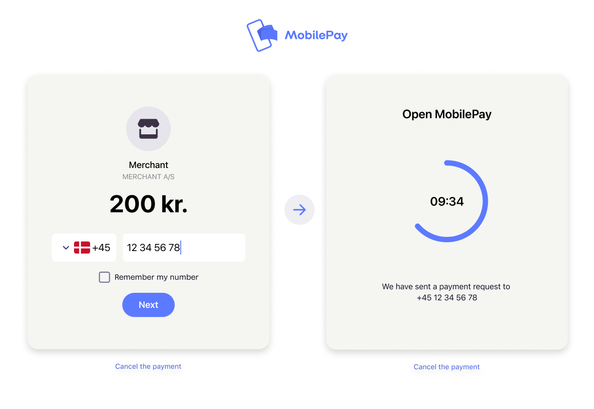 MobilePay landing page showing phone number input field