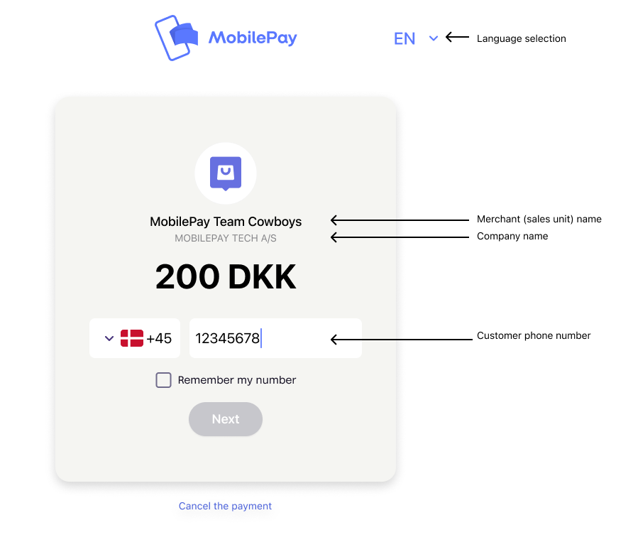 MobilePay landing page with labels