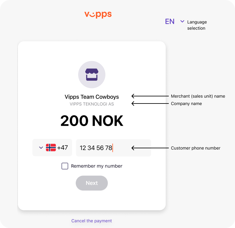 Vipps landing page with labels