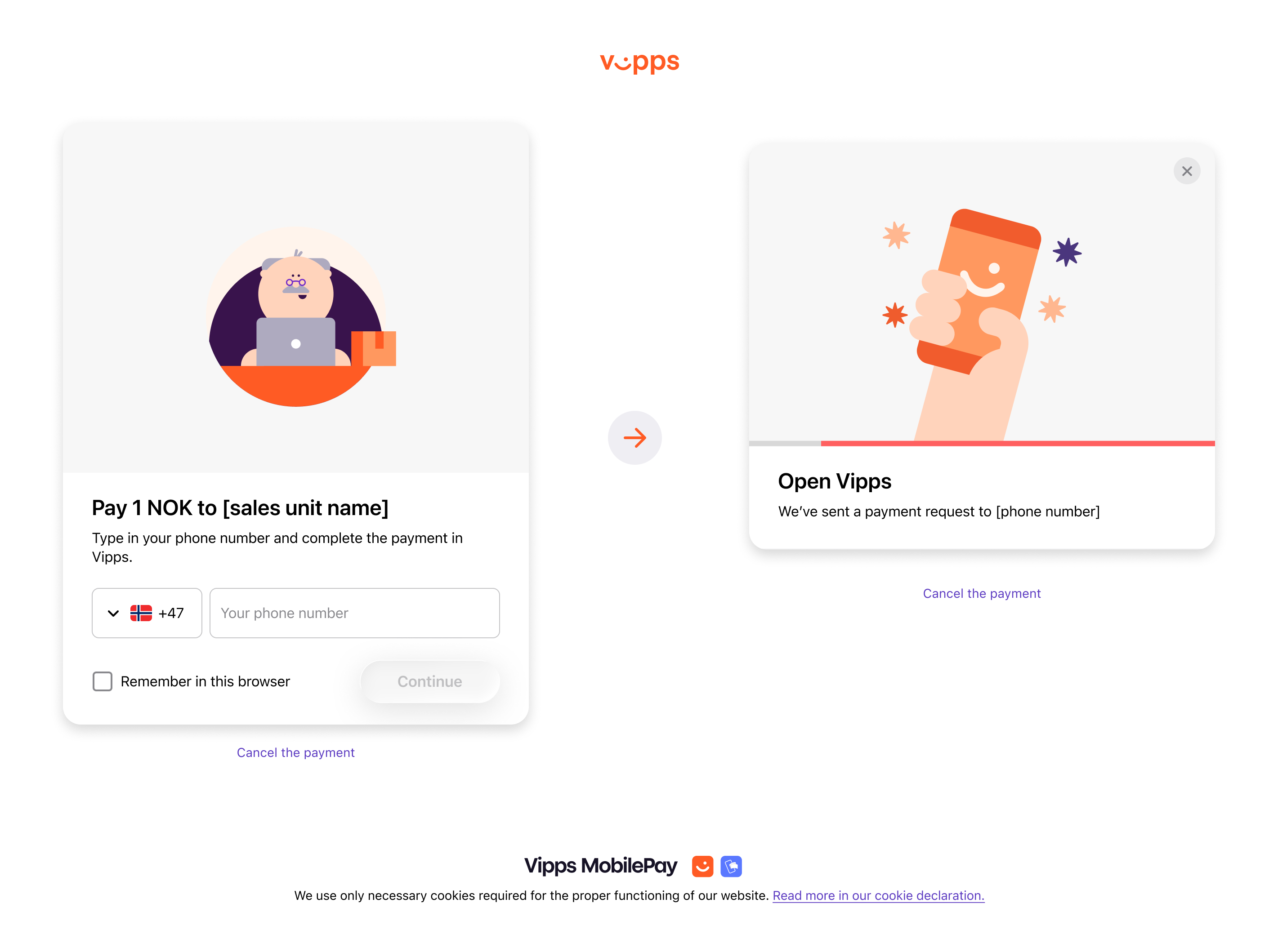 New Vipps landing page design used inside the Widget SDK dialog