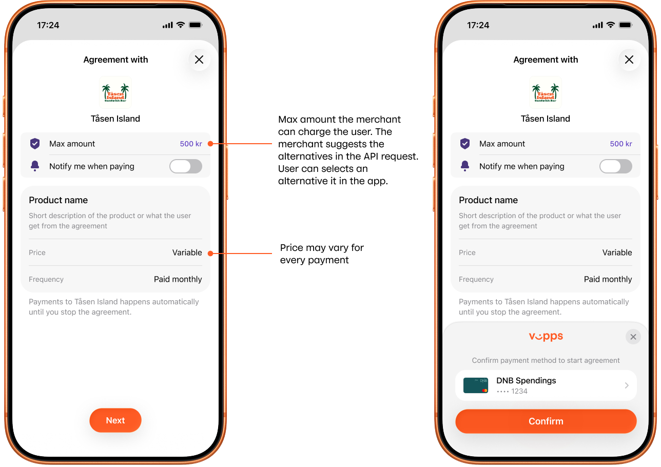 Variable price payment agreements in Vipps