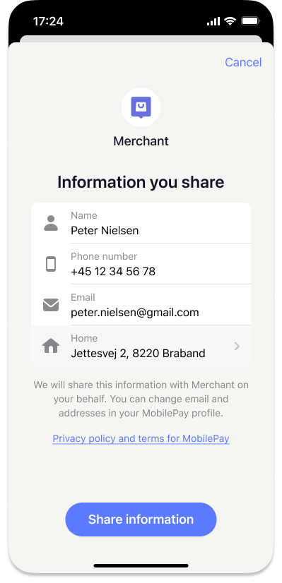 User information consent screen in MobilePay