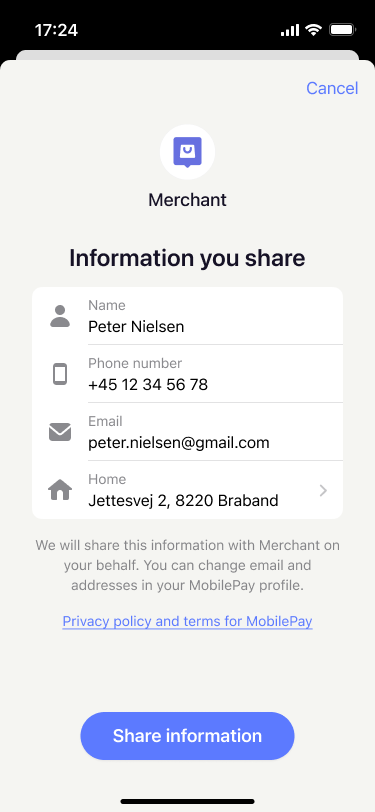 User information consent screen in MobilePay