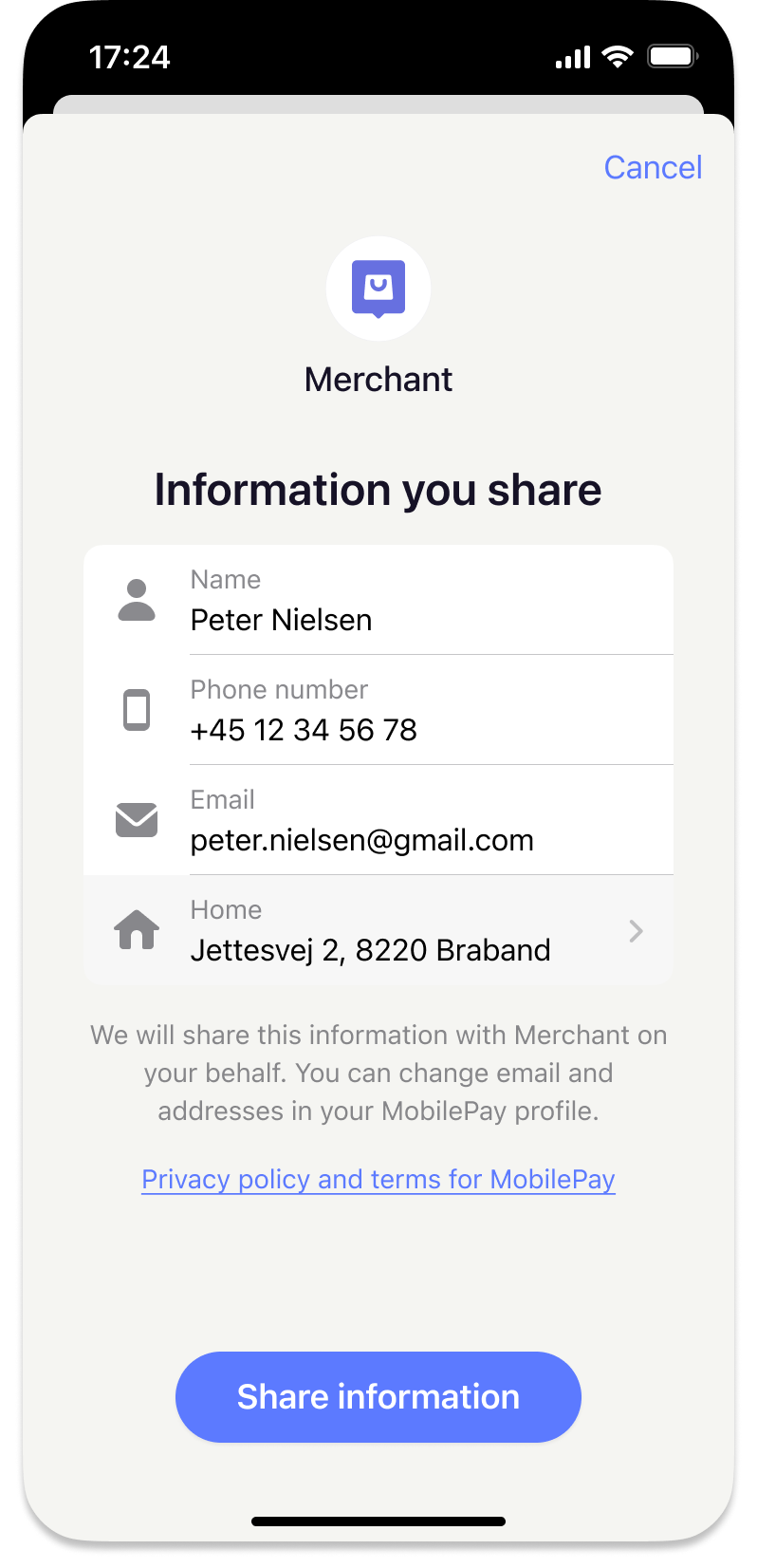 User information consent screen in MobilePay