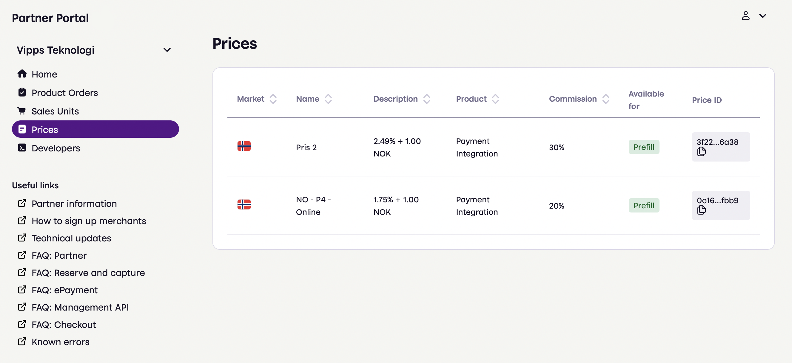 Partner portal prices