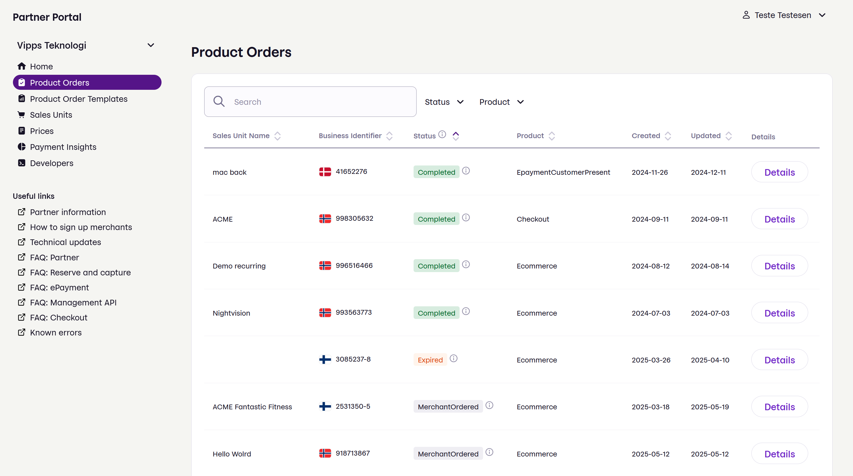 Partner portal product orders