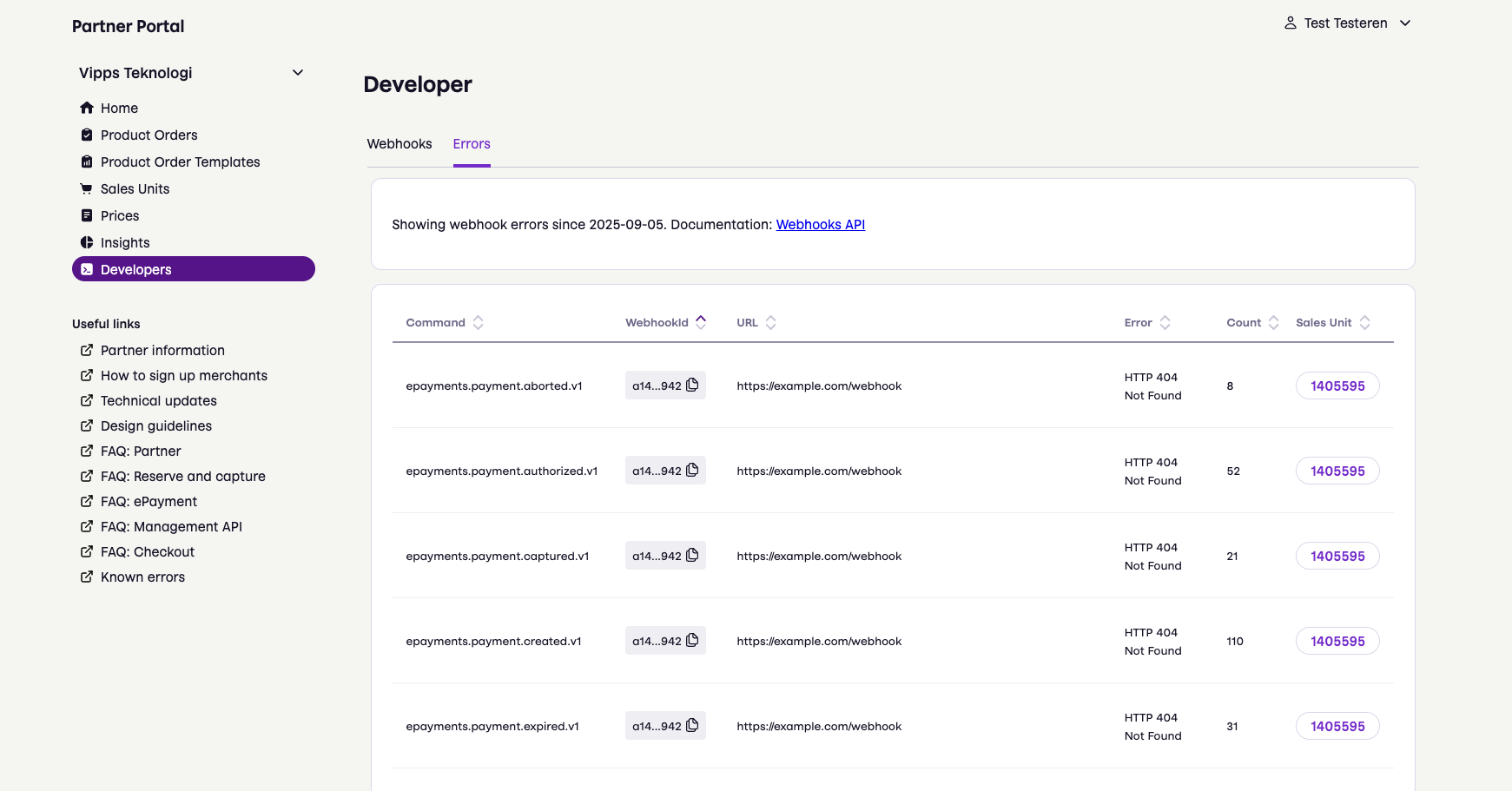 Partner portal webhooks errors