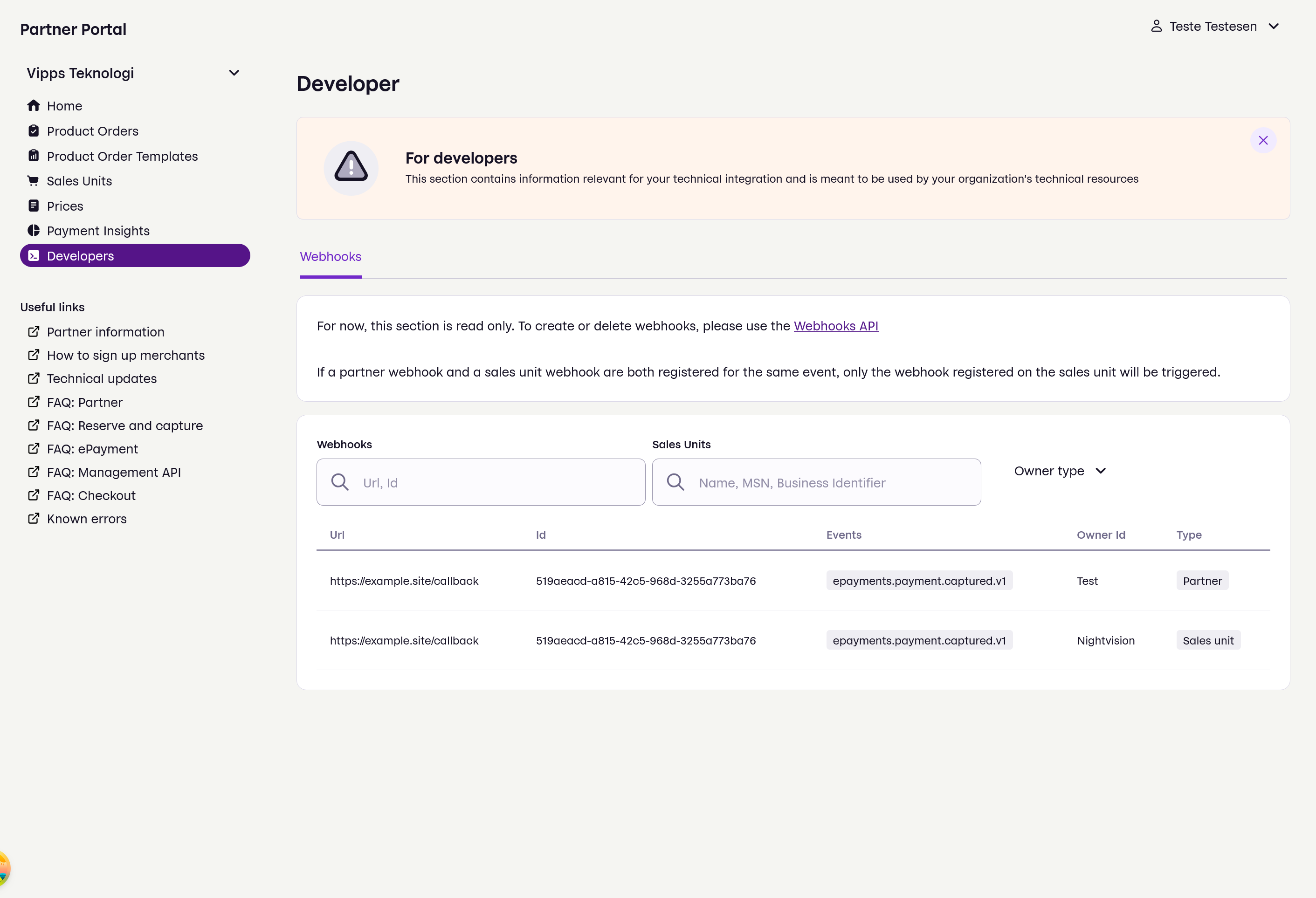 Partner portal webhooks