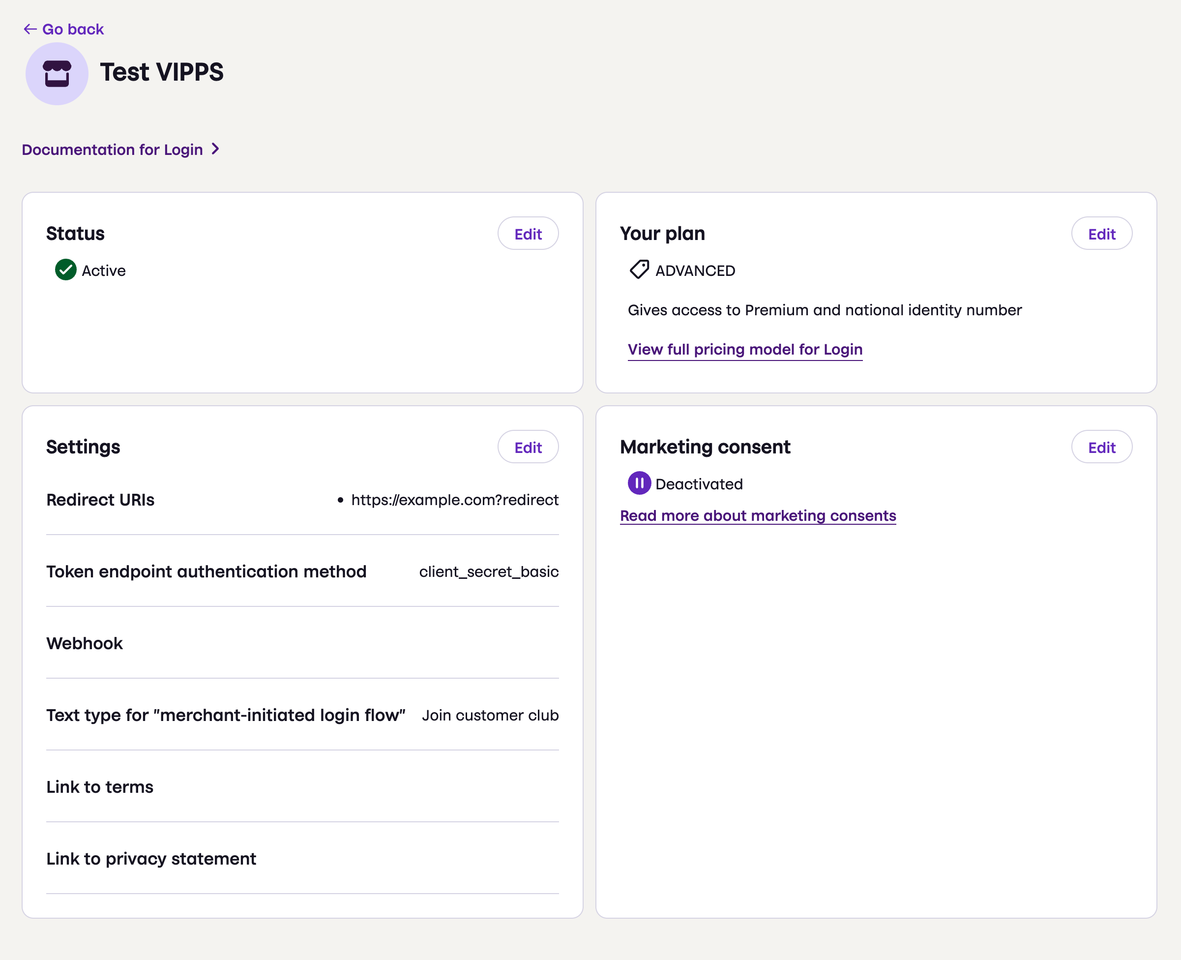 Login landing page in the portal