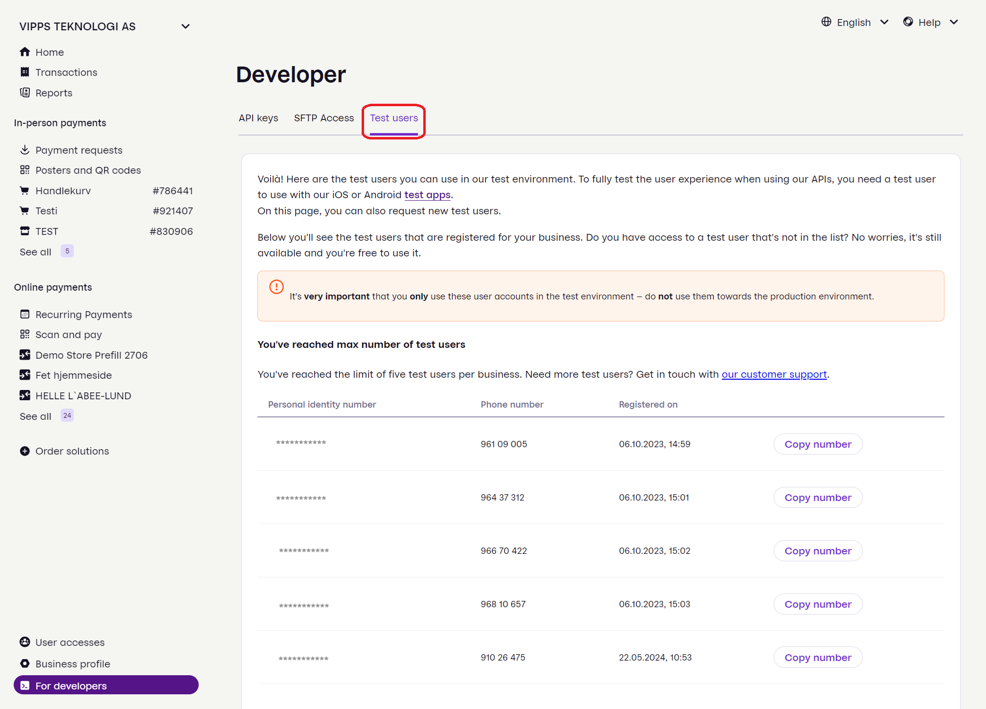 Portal test users