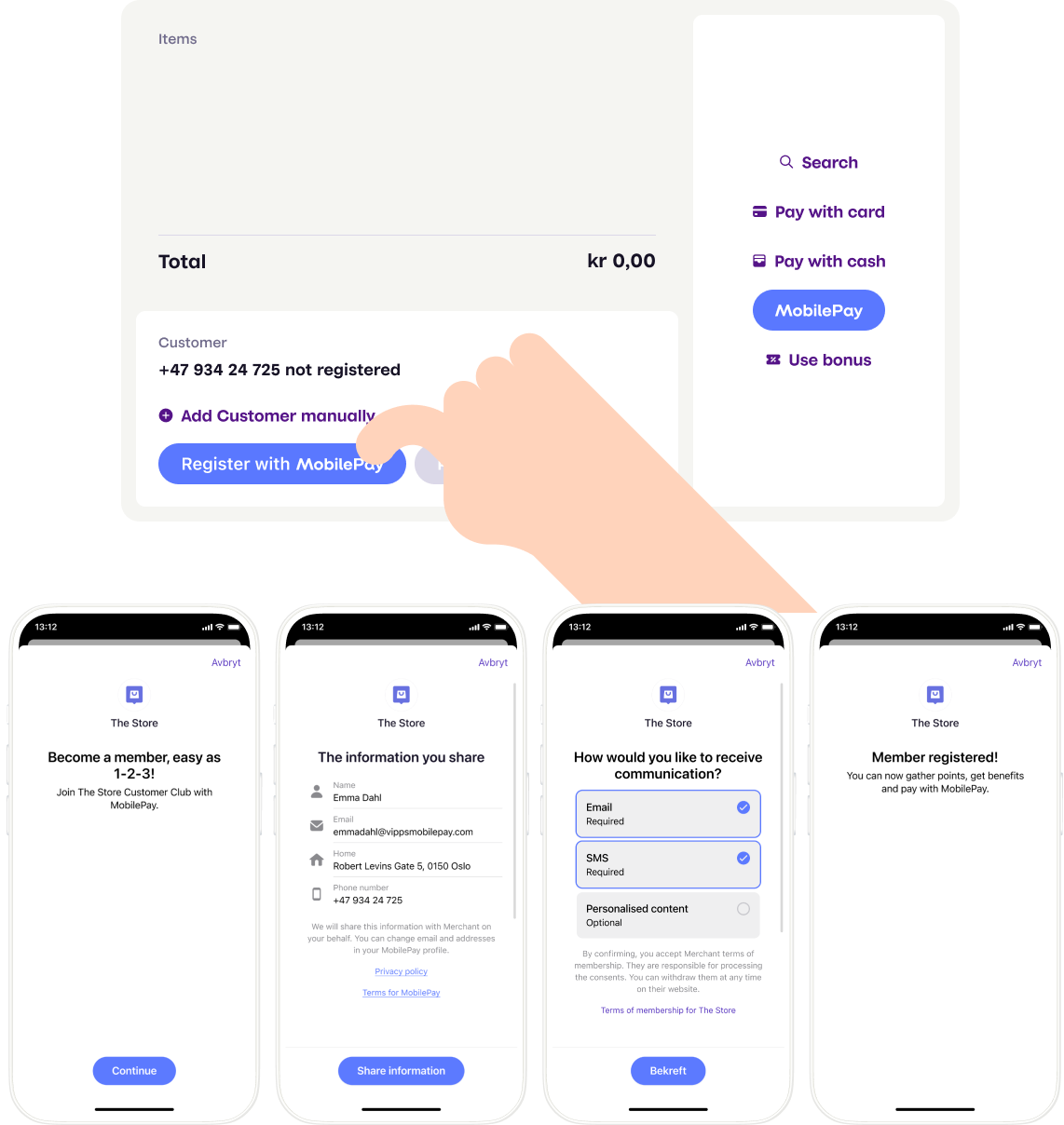 Hand-held scanner scanning MobilePay personal QR code with Pay with MobilePay in POS