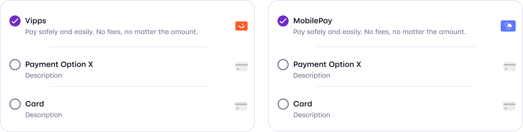 A checkout payment list with Vipps (left) and MobilePay (right) selected at the top, above other payment options and card