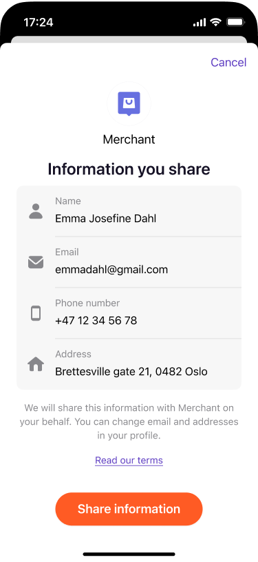 User information consent screen in Vipps