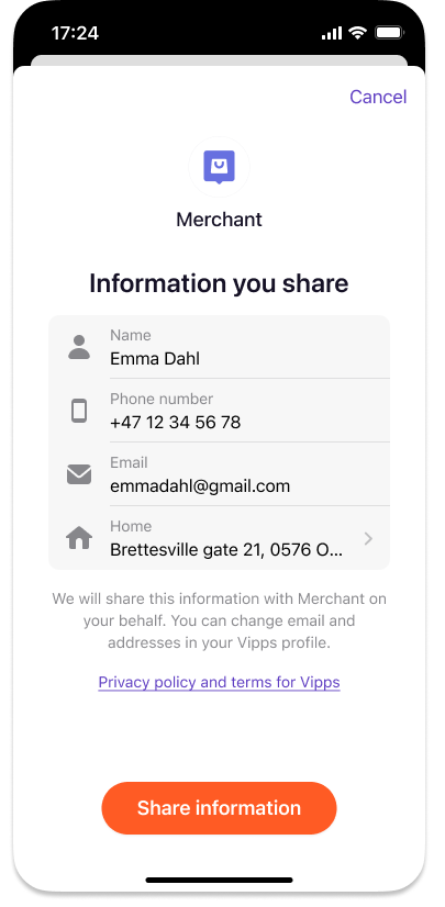 User information consent screen in Vipps
